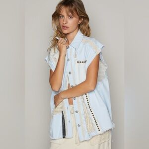 POL Light Blue Sleeveless Jacket with Cream Accents